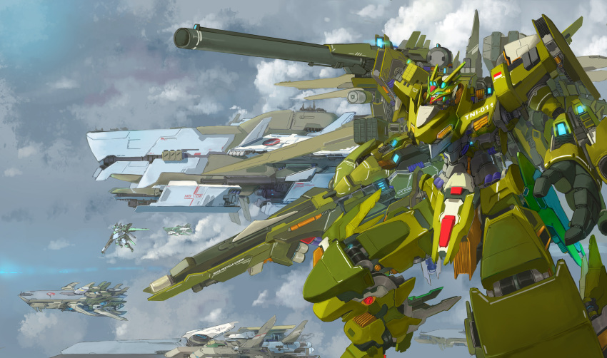 absurdres beam_rifle cloud dony_satriyo energy_cannon energy_gun english_commentary fleet flying glowing gunpod highres lights machinery mecha no_humans original robot science_fiction shoulder_cannon spacecraft takayama_toshiaki_(style) weapon