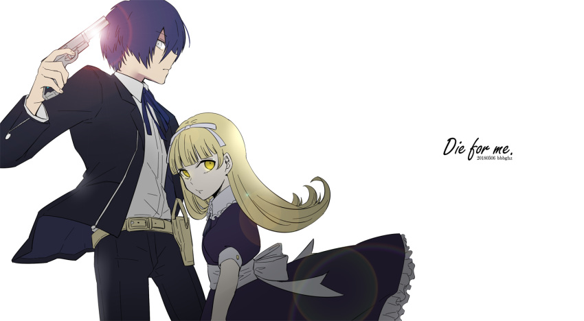 1boy 1girl alice_(megami_tensei) b-ko_(1214920) belt black_jacket black_pants blonde_hair blue_dress blue_hair blue_ribbon blunt_bangs collared_shirt dated dress english_text evoker frilled_shirt_collar frills frown gekkoukan_high_school_uniform grey_eyes gun gun_to_head hair_over_one_eye handgun holding holding_gun holding_weapon jacket long_hair pants persona persona_3 puffy_sleeves ribbon school_uniform shirt short_hair twitter_username weapon white_background white_ribbon white_shirt yellow_eyes yuuki_makoto