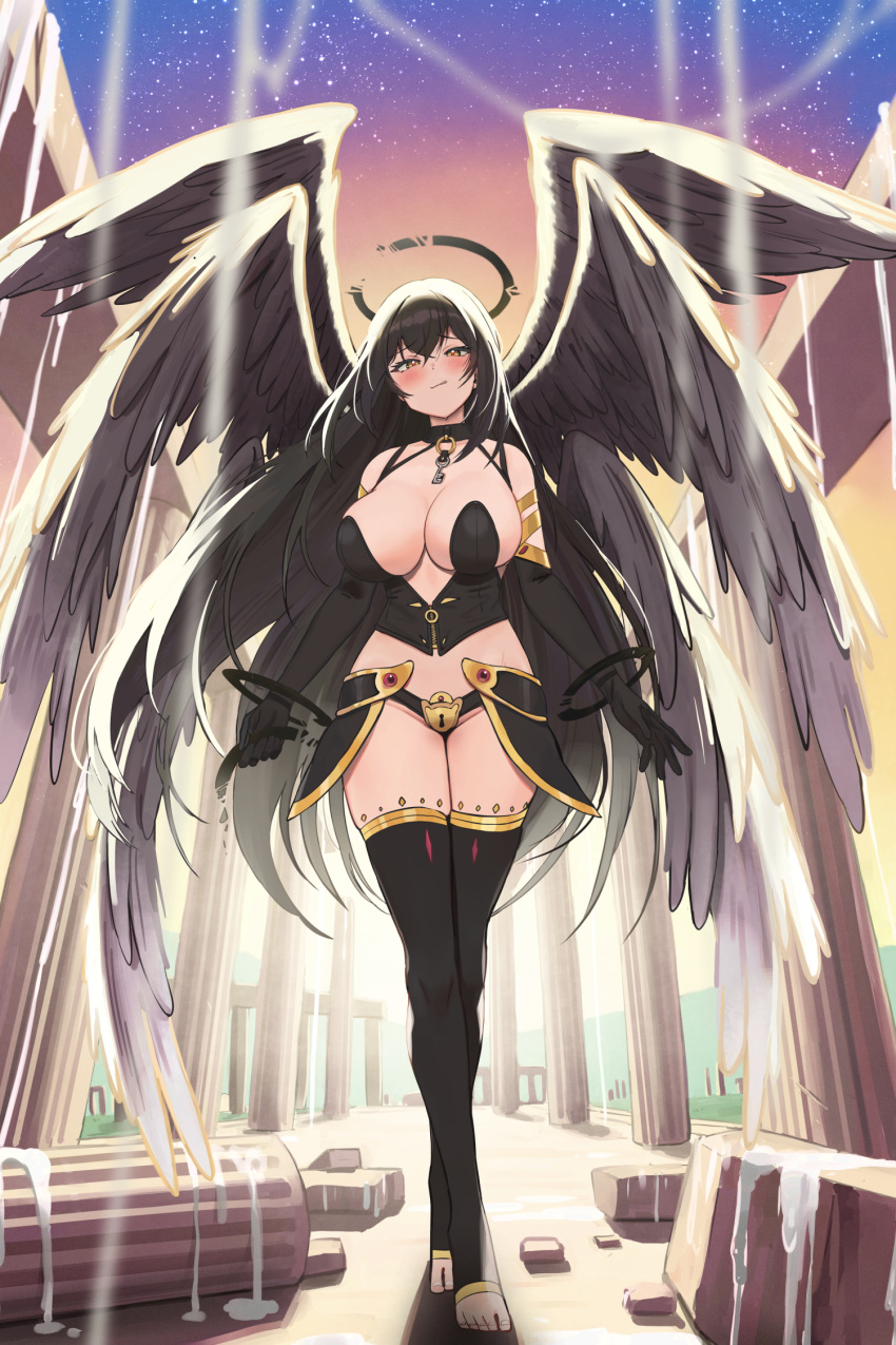 1girl :q armor bare_shoulders black_choker black_gloves black_hair black_panties black_thighhighs breasts choker cleavage closed_mouth corset crossed_legs elbow_gloves faulds feathered_wings full_body gloves gold_trim halo highres key large_breasts lock long_hair looking_at_viewer multiple_wings naughty_face original padlock panties revealing_clothes smile solo standing thighhighs thighs toeless_legwear tongue tongue_out twin_(tt_lsh) underwear very_long_hair watson_cross wings yellow_eyes zipper