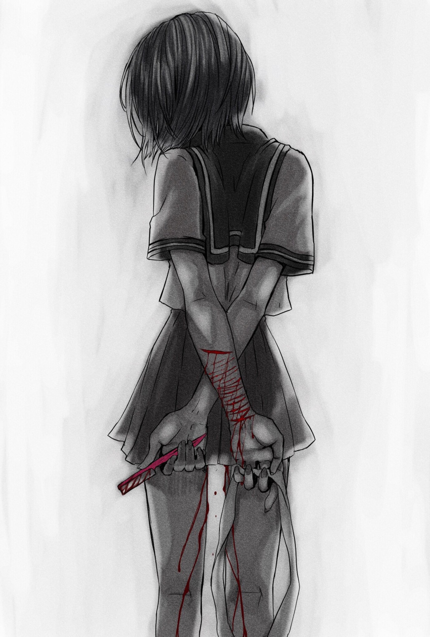 1girl arms_behind_back bleeding blood blood_on_arm blood_on_leg commentary_request crossed_arms cuts facing_away feet_out_of_frame fingernails from_behind highres holding holding_knife holding_ribbon injury knife long_fingernails medium_hair monochrome original pleated_skirt ribbon sailor_collar saitou_nekoichi school_uniform self_harm serafuku short_hair short_sleeves skirt solo spot_color white_background wrist_cutting