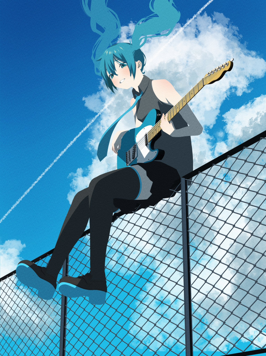 1girl aqua_eyes aqua_footwear aqua_hair aqua_necktie bare_arms bare_shoulders black_footwear black_shirt black_skirt black_thighhighs blue_sky blush boots clear_sky cloud cloudy_sky collared_shirt commentary_request electric_guitar fence floating_hair guitar hair_between_eyes hatsune_miku highres holding holding_instrument instrument long_hair looking_at_viewer music necktie noranucoo on_fence open_mouth outdoors playing_instrument pleated_skirt shirt shoes sidelocks sitting skirt sky sleeveless sleeveless_shirt smile swept_bangs teeth thighhighs twintails two-tone_footwear vocaloid zettai_ryouiki