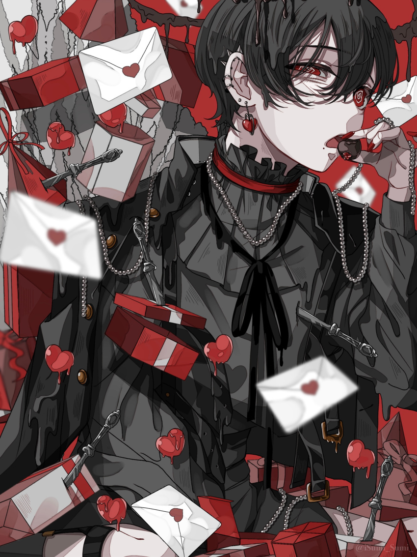 1boy @_@ absurdres black_hair black_ribbon black_shirt box chain_necklace chocolate_strawberry choker earrings envelope facing_to_the_side food fruit gift gift_box heart heart_earrings highres holding holding_food holding_fruit isumisumi jewelry knife long_sleeves looking_at_viewer love_letter neck_ribbon necklace open_mouth original red_background red_choker red_eyes ribbon ring shirt short_hair solo strawberry