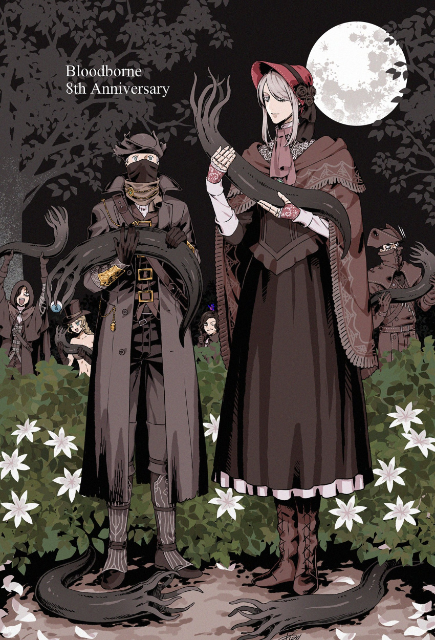 arizuka_(catacombe) arms_up ascot belt belt_buckle black_gloves black_sky bloodborne bonnet brown_cloak buckle bush character_request cloak closed_eyes coat doll doll_joints flower gloves grey_hair hat height_difference highres hood hunter_(bloodborne) joints mask moon mouth_mask night night_sky one_eye_closed plain_doll red_ascot scarf sky smile squid standing swept_bangs top_hat tree tricorne
