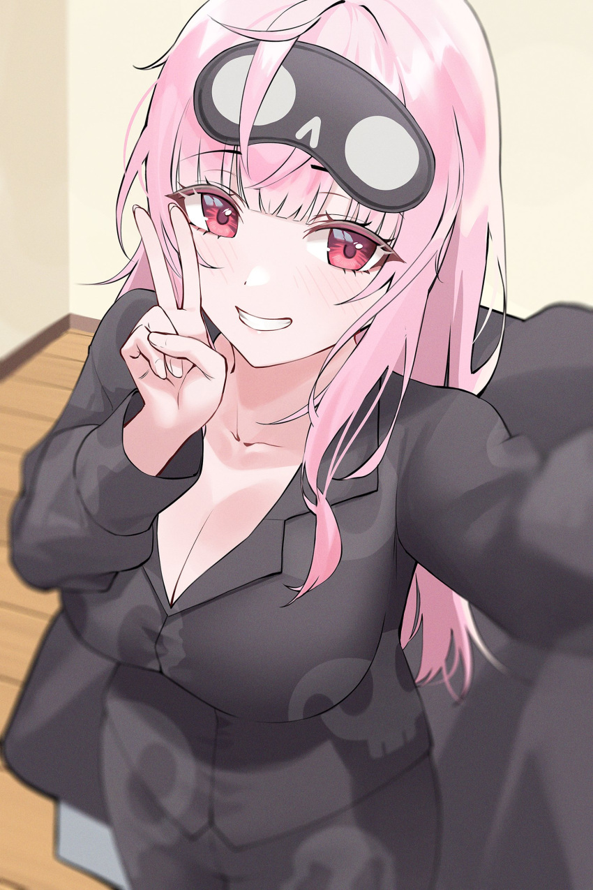 1girl absurdres black_jacket blush breasts cleavage collarbone highres hololive hololive_english jacket large_breasts long_hair looking_at_viewer michelan mori_calliope pink_eyes pink_hair selfie sleep_mask solo v virtual_youtuber