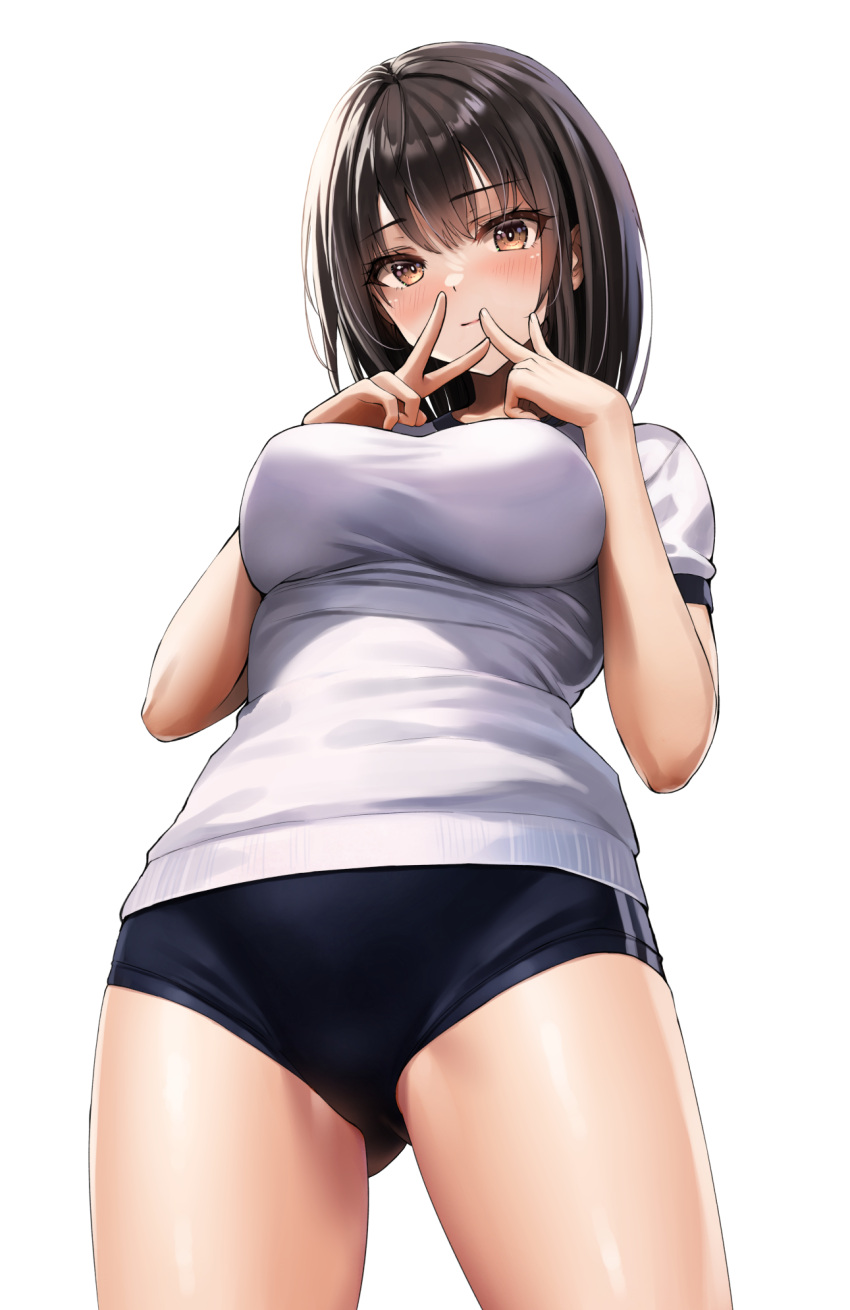 1girl ass_visible_through_thighs black_buruma black_hair blush breasts brown_hair buruma closed_mouth gym_uniform highres large_breasts looking_at_viewer original shirt short_hair short_sleeves simple_background solo standing thighs white_background white_shirt yukemuriganmo