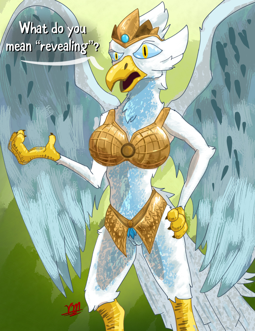 absurd_res accipitrid accipitriform anthro armor asking avian back_wings beak bird bra breastplate breasts clothed clothing crown dialogue digital_media_(artwork) eagle eris_(legends_of_chima) eyebrows feathers female genitals hand_on_hip headgear headwear hi_res humor joke legends_of_chima lego open_beak open_mouth pussy questioning raised_eyebrow shaded skimpy solo standing tail_feathers text tiara unconvincing_armor underwear vike_mike white_body white_feathers white_text wings worried yellow_eyes