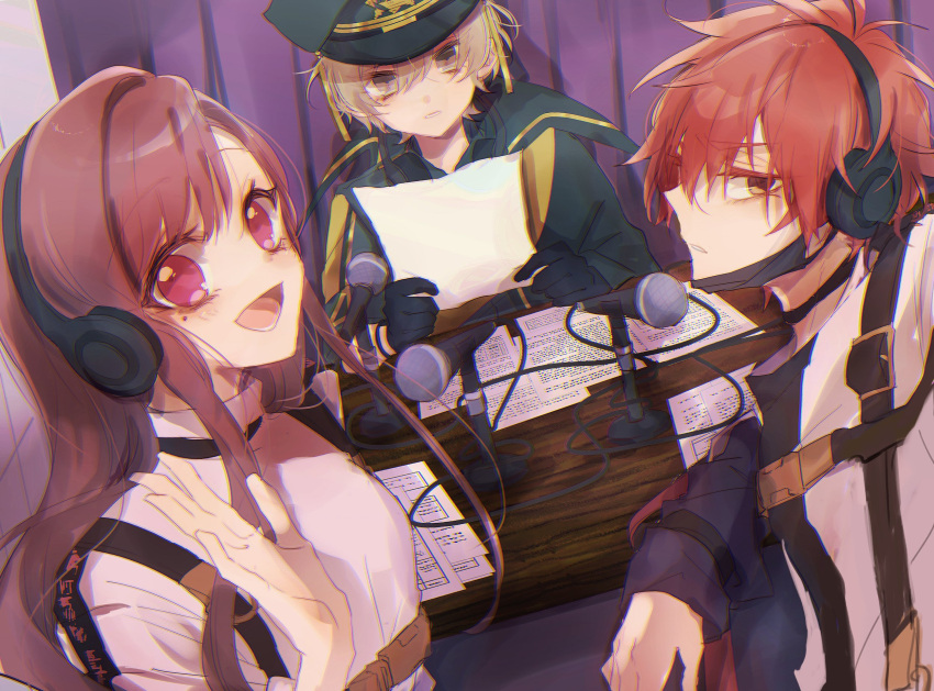 1boy 1girl 1other androgynous blonde_hair brown_eyes es_(milgram) hat headphones highres jacket kajiyama_fuuta kao_ru05 kashiki_yuno long_hair mask microphone milgram mole mole_under_eye mouth_mask peaked_cap pink_eyes pink_hair red_hair short_hair straitjacket white_jacket