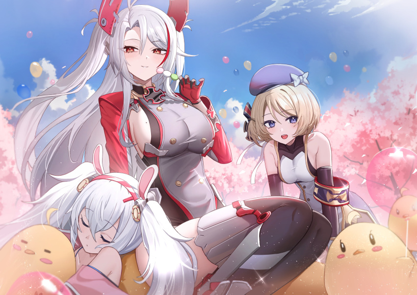 3girls absurdres animal_ears antenna_hair azur_lane balloon bare_shoulders beret black_gloves black_thighhighs blue_sky breasts buttons camisole cherry_blossoms cross double-breasted dress elbow_gloves fake_animal_ears gloves grey_gloves grey_hair hairband hat headgear highres iron_cross jacket jeze laffey_(azur_lane) large_breasts leaning_forward light_brown_hair long_hair long_sleeves looking_at_viewer manjuu_(azur_lane) medium_breasts mole mole_on_breast multicolored_hair multiple_girls open_clothes open_jacket orange_eyes outdoors pink_jacket prinz_eugen_(azur_lane) purple_eyes purple_headwear rabbit_ears red_gloves red_hair short_hair side_cutout sideboob sitting sky sleeping streaked_hair taut_clothes taut_dress thighhighs twintails two-tone_gloves two-tone_hair very_long_hair white_camisole white_hair z23_(azur_lane)