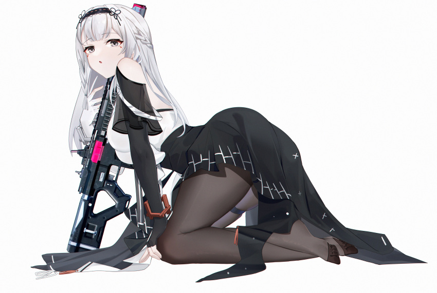 1girl :o absurdres ar-15 bare_shoulders black_dress black_gloves black_hairband black_pantyhose bracelet braid breasts character_request chinese_commentary commentary_request crown_braid dress elbow_gloves facing_viewer fingerless_gloves gloves grey_eyes gun hairband highres jewelry kneeling large_breasts long_hair looking_ahead machine_gun no_shoes open_mouth pantyhose project_snow rifle shirt side_braid simple_background snowbreak:_containment_zone solo suyujiu_u thighband_pantyhose weapon white_background white_gloves white_hair white_shirt