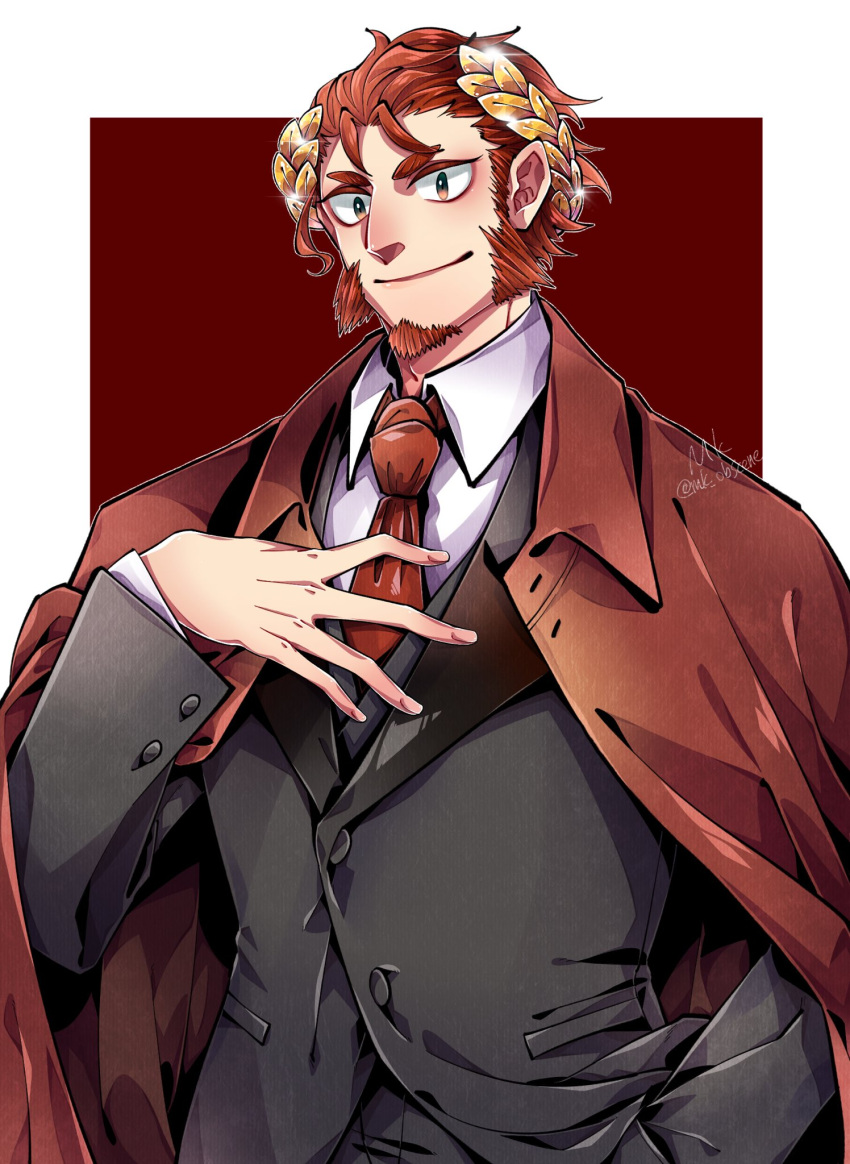 1boy black_suit border claude_(housamo) closed_mouth coat coat_on_shoulders collared_shirt commentary dress_shirt facial_hair formal goatee hand_in_pocket hand_on_own_chest hand_up highres laurel_crown long_sideburns male_focus mk_mk necktie outside_border red_background red_coat red_hair red_necktie shirt short_hair sideburns signature simple_background smile solo sparkle suit thick_eyebrows tokyo_afterschool_summoners twitter_username upper_body white_border white_shirt