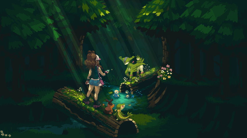 1girl bag black_footwear black_shirt boots brown_hair cellphone denim denim_shorts facing_away flower forest grass hand_up handbag hat high_ponytail highres hilda_(pokemon) holding holding_phone holding_poke_ball itzah light_rays log long_hair moss nature oshawott outdoors petilil phone pink_bag pink_flower pixel_art plant poke_ball poke_ball_(basic) pokemon pokemon_(creature) pokemon_(game) pokemon_bw ponytail scenery shirt short_shorts shorts sleeveless sleeveless_shirt snivy standing tepig tree tympole virizion water white_flower white_headwear yellow_flower