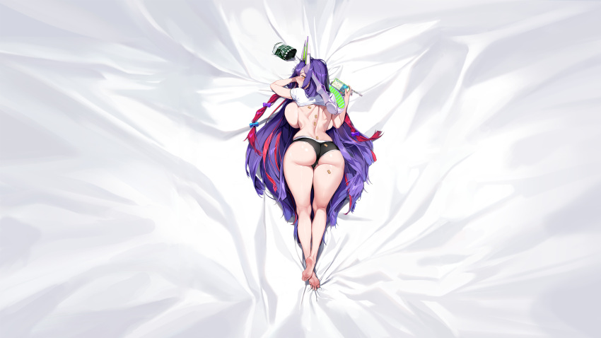 1girl absurdres ass backboob bare_back barefoot bed_sheet black_shorts blue_ribbon blush breast_press breasts cellphone cellphone_charm charm_(object) clothes_lift clothing_aside crop_top crotch_seam dakimakura_(medium) defeat echidna_(last_origin) food food_on_body full_body game_cg gradient_hair hair_ornament hair_ribbon highres holding holding_phone horns huge_ass huge_breasts korean_text last_origin long_hair looking_at_viewer looking_back lying mechanical_horns median_furrow micro_shorts multicolored_hair official_alternate_costume official_art on_bed on_stomach open_mouth partially_visible_vulva phone phone_screen pinkmill purple_hair purple_ribbon red_hair ribbon shiny_skin shirt shirt_lift short_sleeves shorts shorts_aside shoulder_blades slit_pupils smartphone solo streaked_hair tachi-e thick_thighs thighs third-party_source two-tone_hair very_long_hair white_shirt yellow_eyes