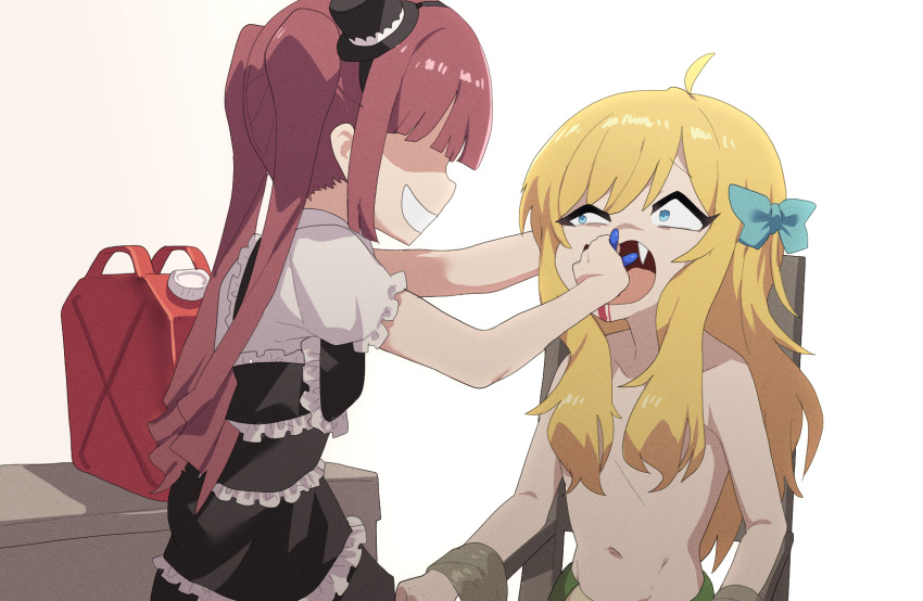 2girls ahoge black_dress black_headwear blonde_hair blood blood_from_mouth blue_bow blue_eyes blunt_bangs blush bow breasts commentary_request cowboy_shot dress fang frilled_sleeves frills fuka_(kantoku) gas_can gothic_lolita grand_theft_auto grand_theft_auto_v hair_bow hair_over_breasts hanazono_yurine hat highres holding_pliers jashin-chan jashin-chan_dropkick lamia lolita_fashion long_hair looking_at_another medium_bangs mini_hat monster_girl multiple_girls navel open_mouth red_hair shirt simple_background sitting small_breasts standing table topless torture twintails white_background white_shirt