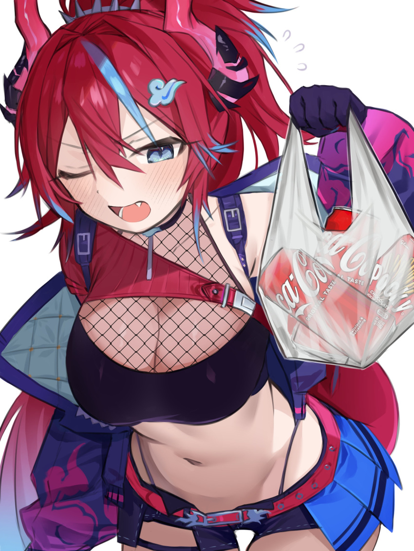 1girl absurdres asymmetrical_clothes bag bandeau belt black_bandeau blue_hair blue_shorts blue_skirt blush breasts can cleavage coca-cola dragon_girl dragon_horns dragon_tail fang fishnets flying_sweatdrops highleg highleg_panties highres holding holding_bag horns idol_corp inami_yoki_(artist) jacket kai_saikota large_breasts leaning_forward long_hair looking_at_viewer midriff miniskirt multicolored_hair navel open_clothes open_jacket open_mouth panties plastic_bag pleated_skirt ponytail purple_jacket red_belt red_hair red_horns red_tail short_shorts shorts simple_background single_bare_shoulder skirt solo stomach streaked_hair suspenders tail underwear white_background