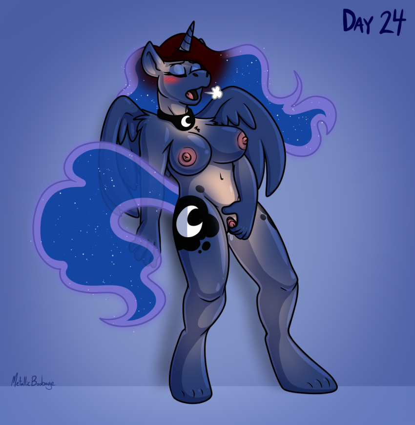2023 5_fingers anthro areola blue_body blue_feathers blue_fur blue_hair blue_tail blush breasts breath choker cutie_mark digital_media_(artwork) equid equine eyes_closed feathered_wings feathers fingers friendship_is_magic fur gender_transformation genitals hair hasbro hi_res horn human human_to_anthro jewelry mammal masturbation metallicboobage mtf_transformation my_little_pony navel necklace nipples open_mouth princess_luna_(mlp) pussy signature species_transformation tail transformation vaginal vaginal_masturbation winged_unicorn wings