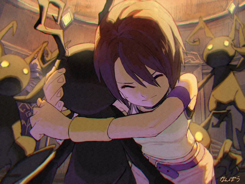 1girl closed_eyes heartless highres hug kairi_(kingdom_hearts) kingdom_hearts kingdom_hearts_i nanpou_(nanpou0021) protecting shirt surrounded watermark white_shirt yellow_eyes yellow_wristband