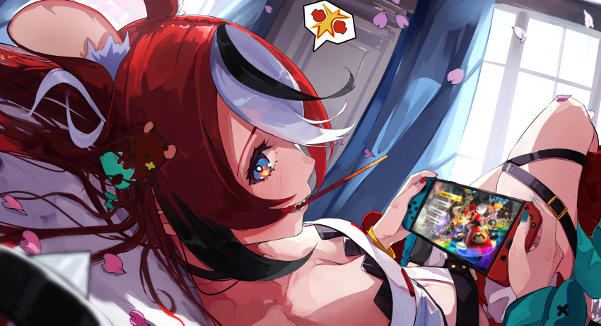 1girl absurdres animal_ear_fluff animal_ears asymmetrical_sleeves black_hair blue_eyes blue_nails blue_sleeves breasts cleavage detached_sleeves food food_in_mouth hakos_baelz highres holding holding_food holding_pocky hololive hololive_english long_hair looking_at_viewer mario_(series) mario_kart mario_kart_8 medium_breasts mouse_ears mouse_girl moyomo mr._squeaks_(hakos_baelz) multicolored_hair nail_polish navel nintendo_switch pocky pocky_in_mouth red_hair red_nails red_sleeves shirt smile strapless strapless_shirt streaked_hair thigh_strap virtual_youtuber white_hair white_shirt