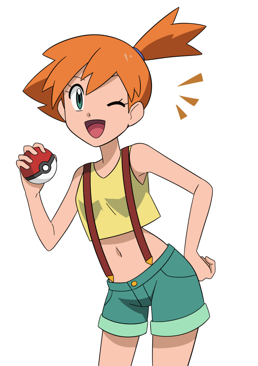 1girl ;d bare_arms commentary_request cowboy_shot eyelashes green_eyes green_shorts hainchu hand_on_own_hip highres holding holding_poke_ball misty_(pokemon) navel notice_lines one_eye_closed one_side_up open_mouth orange_hair poke_ball poke_ball_(basic) pokemon pokemon_(anime) pokemon_(classic_anime) shirt shorts simple_background sleeveless sleeveless_shirt smile solo suspenders tongue white_background yellow_shirt