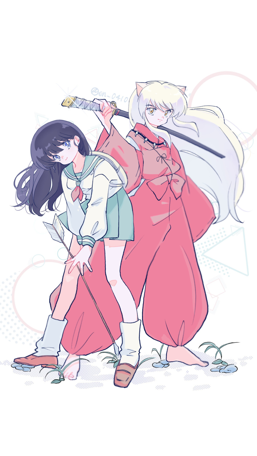 2girls absurdres arrow_(projectile) artist_name barefoot black_hair blue_eyes character_request circle en_0410 feet green_skirt highres inuyasha japanese_clothes kimono looking_at_viewer multiple_girls red_kimono school_uniform shirt skirt smile square sword triangle weapon white_background white_hair white_shirt yellow_eyes