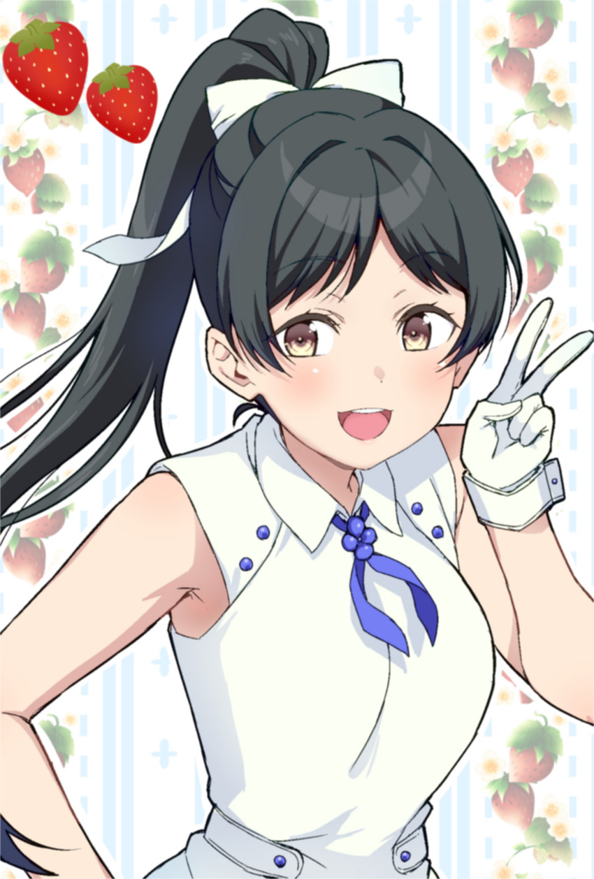 1girl black_hair blush bow breasts commentary_request cuff_links dress food fruit gloves hair_behind_ear hair_bow hazuki_ren high_ponytail highres long_hair looking_at_viewer love_live! love_live!_superstar!! open_mouth ponytail ribbon sleeveless smile solo strawberry teeth upper_body v white_dress white_gloves wish_song_(love_live!) yamada_taishi yellow_eyes