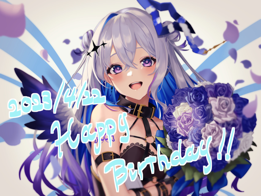 1girl :d amane_kanata angel angel_wings arm_tattoo birthday blue_hair bouquet collar colored_inner_hair double_bun flower grey_hair hair_between_eyes hair_bun happy_birthday highres hololive long_hair looking_at_viewer multicolored_hair open_mouth purple_eyes sleeveless smallpine_7 smile strapless tattoo tube_top upper_body virtual_youtuber wings