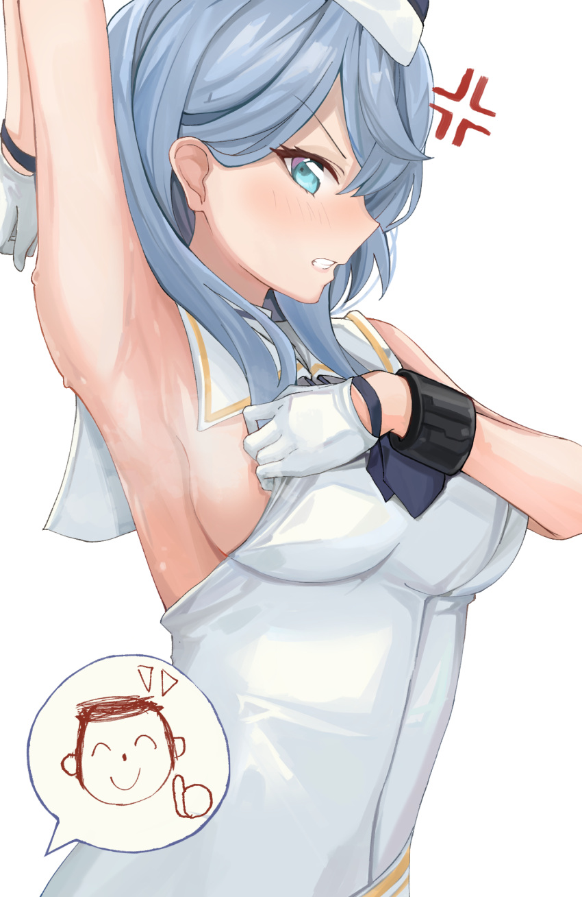 1girl ako_(blue_archive) angry armpits black_necktie blue_archive blue_eyes blue_hair blush breasts commentary dress eru_(aeeu2243) garrison_cap gloves hat highres large_breasts looking_at_viewer necktie official_alternate_costume presenting_armpit sensei_(blue_archive) sideboob simple_background sleeveless sleeveless_dress sweat thumbs_up white_background white_dress white_gloves