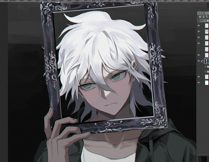 1boy black_background boleum_(dgrpluna) closed_mouth collarbone danganronpa_(series) danganronpa_2:_goodbye_despair green_eyes grey_background hair_between_eyes holding_frame komaeda_nagito male_focus medium_hair messy_hair portrait short_hair solo white_hair