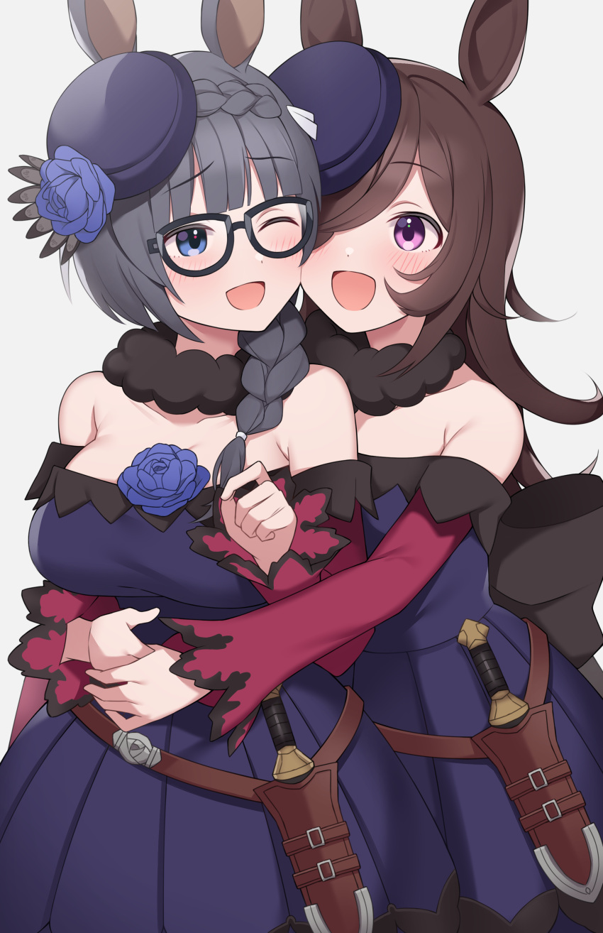 2girls absurdres animal_ears arms_around_waist back_bow bare_shoulders black-framed_eyewear black_bow black_hair blue_eyes blue_flower blue_rose blush bow braid braided_ponytail breasts brown_hair cosplay crown_braid dagger detached_collar dress flower fur_collar glasses hair_over_one_eye highres horse_ears horse_girl hug hug_from_behind knife large_breasts long_hair long_sleeves multiple_girls open_mouth ponytail purple_dress purple_eyes rice_shower_(umamusume) rice_shower_(umamusume)_(cosplay) rose sheath sheathed smile tilted_headwear umamusume umi!_(umidigda_kawaii) weapon zenno_rob_roy_(umamusume)