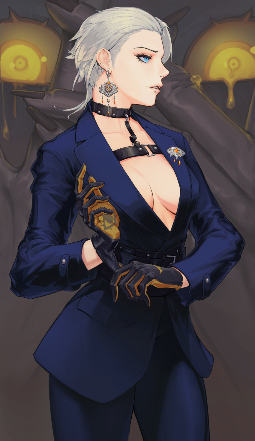 absurdres blue_eyes breasts choker cleavage covering_face crying earrings gloves highres jewelry klinck_foster lapel_pin looking_to_the_side original short_hair suit white_hair witch yellow_eyes