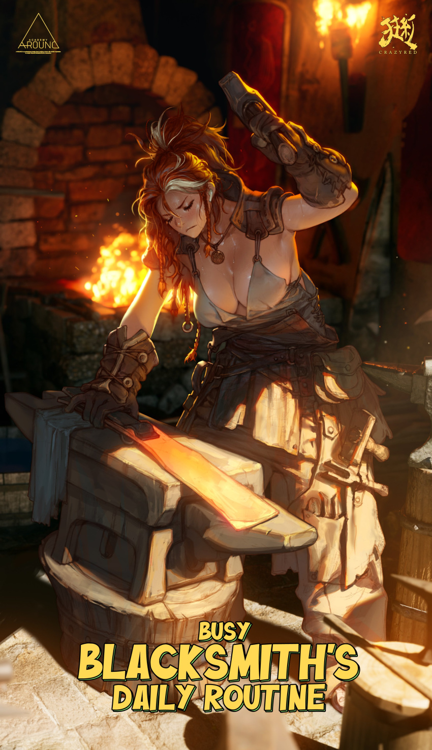 1girl absurdres anvil blacksmith braid breasts cleavage crazyred detached_collar english_text fire forge furnace gloves glowing_hot hammer highres holding holding_hammer holding_tongs jewelry large_breasts long_hair looking_down multicolored_hair necklace original red_hair solo streaked_hair tongs tools torch