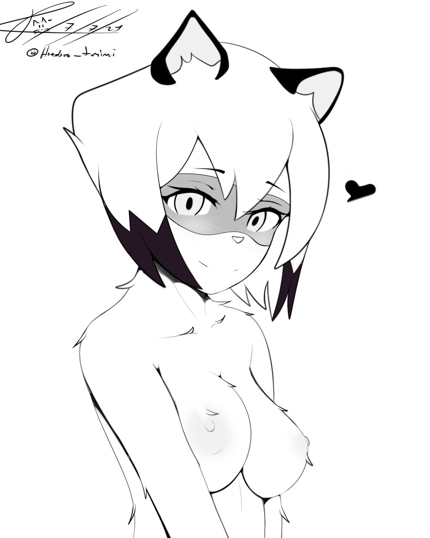 absurd_res anthro areola black_and_white brand_new_animal breasts canid canine clothed clothing female hair hi_res mammal michiru_kagemori monochrome nipples raccoon_dog short_hair solo studio_trigger t-mimi tanuki topless topless_anthro topless_female