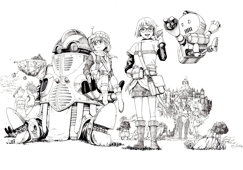 2boys 3girls absurdres aldo_(another_eden) another_eden castle chrono_trigger crossover cyrus_(another_eden) feinne_(another_eden) full_body greyscale highres lucca_ashtear monochrome multiple_boys multiple_girls open_mouth robo_(chrono_trigger) short_hair skirt smile tsukuyomi_(gnmz7837)