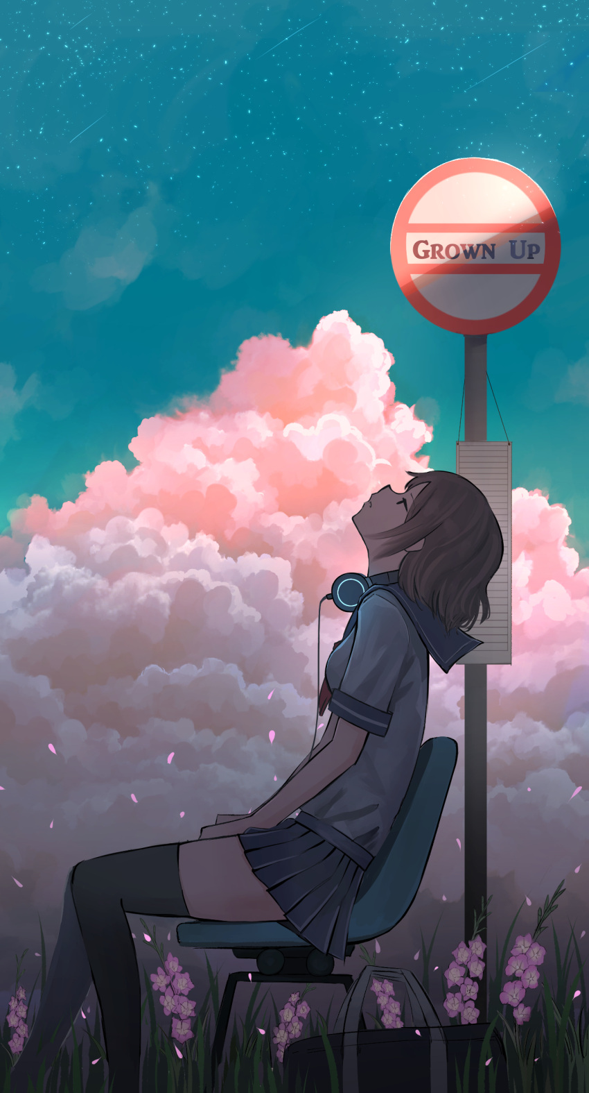 1girl absurdres bag black_thighhighs blue_sailor_collar blue_skirt breasts brown_hair chair closed_mouth cloud commentary_request falling_petals feet_out_of_frame grass headphones headphones_around_neck highres leaning_back looking_up medium_breasts meteor_shower miniskirt original pasoputi petals pink_clouds plant pleated_skirt road_sign sailor_collar school_bag shade shirt short_hair short_sleeves sidelocks sign sitting skirt sky solo star_(sky) starry_sky thighhighs twilight white_shirt zettai_ryouiki