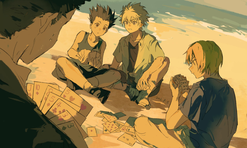 4boys beach black_footwear black_hair black_shirt blonde_hair card clenched_teeth closed_mouth gon_freecss hair_between_eyes highres hunter_x_hunter killua_zoldyck kurapika leorio_paladiknight male_focus mei_ren multiple_boys open_clothes open_shirt outdoors playing_card sand shadow shirt short_hair short_sleeves sitting sweat sweatdrop teeth water white_hair white_shirt