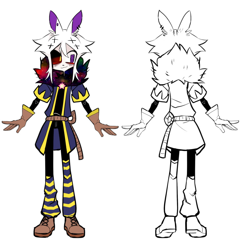 accessory ambiguous_gender anthro bangs bottomwear clothed clothing footwear fully_clothed g4cruf0 gloves hair hair_accessory hairclip handwear heterochromia hi_res jacket lagomorph leporid mammal pants rabbit rabbit_ears shoes solo suprella_(g4cruf0) topwear white_hair