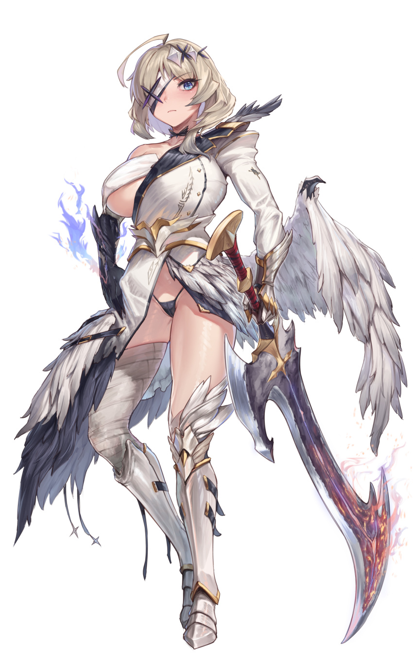 1girl ahoge armor bandage_over_one_eye blonde_hair blue_eyes breasts feathered_wings greaves hair_ornament highres large_breasts long_sleeves low_wings original padoruu panties single_sleeve single_thighhigh solo sword thighhighs underboob underwear weapon wings x_hair_ornament