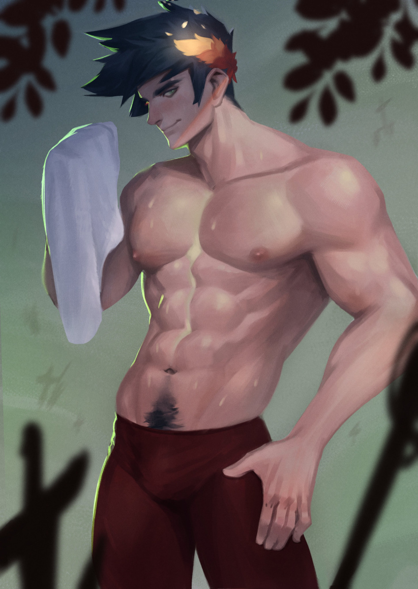 1boy abs absurdres bara black_hair choroskiart closed_mouth green_eyes hades_(series) hades_1 highres holding holding_towel large_pectorals laurel_crown looking_at_viewer male_focus muscular muscular_male navel nipples pants pectorals red_pants short_hair smile solo sweat topless_male towel zagreus_(hades)