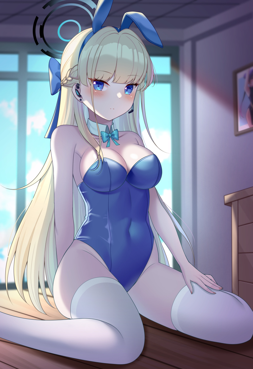 1girl absurdres animal_ears bare_shoulders blonde_hair blue_archive blue_bow blue_eyes blue_leotard blush bow bowtie braid breasts cleavage commentary covered_navel day detached_collar earrings fake_animal_ears hair_bow halo highres hip_focus indoors jewelry kensei_(ciid) legs_apart leotard long_hair looking_at_viewer medium_breasts microphone on_floor rabbit_ears sitting skin_tight skindentation solo thighhighs toki_(blue_archive) toki_(bunny)_(blue_archive) very_long_hair