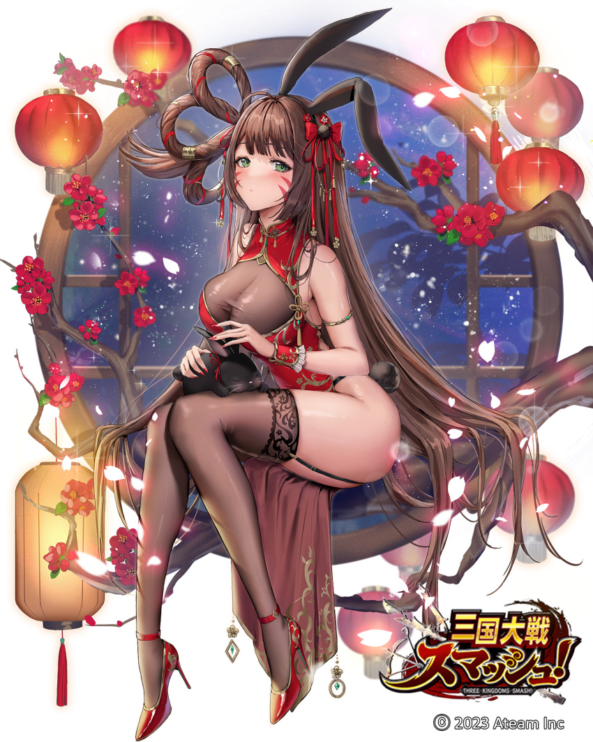 1girl animal_ears ankle_strap armlet bare_shoulders bloom blunt_bangs blush bow breasts brown_hair china_dress chinese_clothes cleavage commentary_request company_name copyright copyright_name dress fake_animal_ears fake_tail falling_petals fingernails flower full_body garter_belt garter_straps gem glint glowing_petals gold_trim green_eyes green_gemstone hair_flower hair_ornament hair_ribbon hair_rings high_heels highres jademoon jewelry lace-trimmed_legwear lace_trim lantern large_breasts legs logo long_fingernails long_hair looking_at_viewer mandarin_collar nail_polish paper_lantern petals rabbit rabbit_ears rabbit_tail red_bow red_dress red_footwear red_nails ribbon sangoku_taisen_smash! see-through see-through_cleavage see-through_legwear side_slit sitting solo tail thighhighs thighs very_long_hair wrist_cuffs