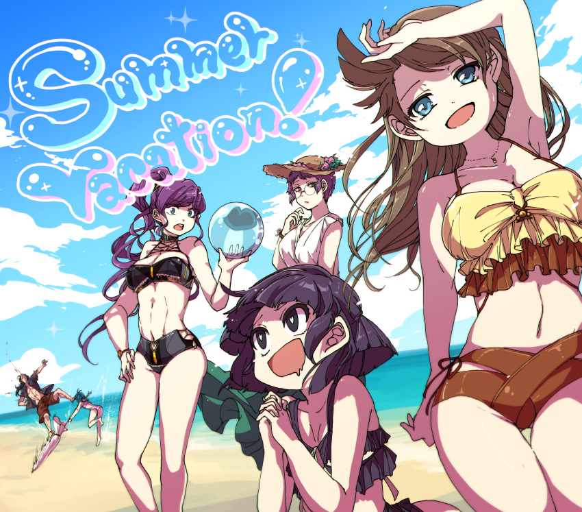1boy 5girls absurdres arm_above_head ball beach beachball bikini black_bikini black_eyes black_hair blood blue_eyes blue_hair braid breasts bright_pupils brown_bikini brown_hair brown_shorts cargo_shorts chromatic_aberration cleavage commentary_request day dress drooling employee_(lobotomy_corporation) english_text flat_chest glasses grey_eyes grey_shirt hand_on_own_hip hat hawaiian_shirt highres hinamikan holding holding_ball holding_beachball holding_umbrella jewelry large_breasts lobotomy_corporation long_hair mouth_drool multiple_girls navel necklace open_clothes open_mouth open_shirt original outdoors own_hands_together pink_bikini pink_umbrella ponytail project_moon purple_hair shirt short_hair short_sleeves shorts smile summer sun_hat sundress swimsuit toned twin_braids umbrella white_dress white_pupils