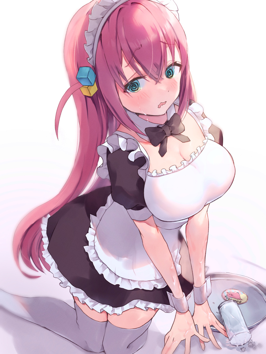 1girl @_@ alternate_costume apron aqua_eyes black_bow black_bowtie black_dress blush bocchi_the_rock! bow bowtie breasts character_print cleavage collar collarbone cube_hair_ornament cup detached_collar dress drinking_glass enmaided frilled_apron frilled_dress frills furrowed_brow gotou_hitori gotou_hitori_(tsuchinoko) hair_between_eyes hair_ornament highres ice kneeling large_breasts long_bangs long_hair maid maid_headdress nekoponchiar one_side_up open_mouth pink_hair short_sleeves simple_background solo spill tears thighhighs tray wavy_mouth wet white_apron white_background white_collar white_headdress white_thighhighs white_wrist_cuffs wrist_cuffs
