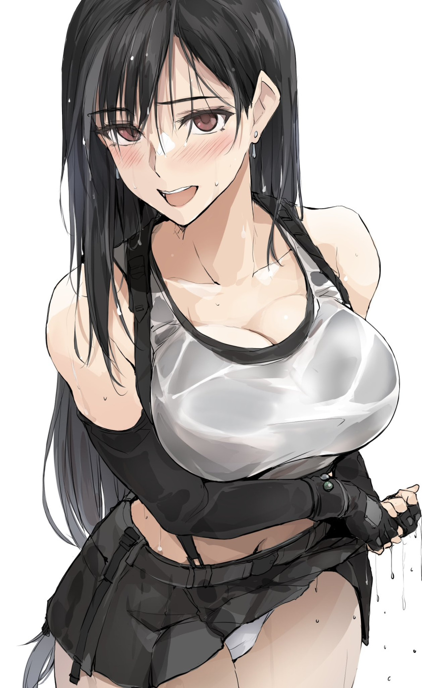 1girl :d bare_shoulders black_gloves black_hair black_skirt blush breasts cleavage crop_top earrings elbow_gloves final_fantasy final_fantasy_vii final_fantasy_vii_remake fingerless_gloves gloves highres jewelry large_breasts long_hair looking_at_viewer midriff miniskirt navel open_mouth panties red_eyes simple_background skirt smile solo suspender_skirt suspenders tank_top tifa_lockhart underwear very_long_hair wet wet_clothes wet_hair white_background white_panties white_tank_top wringing_clothes wringing_skirt zekkyon