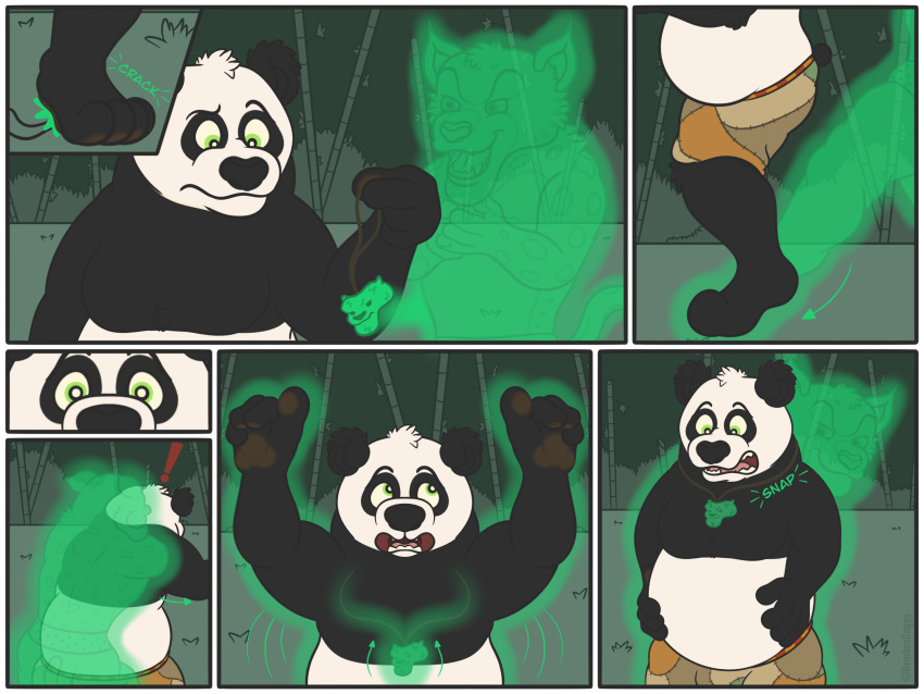 4_toes accident accidental amulet anthro bear bembosdoggo black_body black_fur broken brown_pawpads clothed clothing collar comic cursed_collar cursed_object dreamworks duo feet felid feline fur ghost giant_panda gradual_change green_eyes hands_on_belly hi_res jewelry kung_fu_panda looking_at_viewer magical_amulet male male/male mammal master_po_ping necklace open_mouth overweight overweight_male pantherine pawpads possession puppeteering raising_arm snow_leopard spirit tai_lung_(kung_fu_panda) takeover taking_control toes ursine white_body white_fur