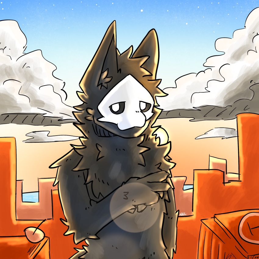 anthro building canid canine canis changed_(video_game) cloud digital_drawing_(artwork) digital_media_(artwork) half_body hi_res latex looking_at_viewer male mammal pose puro_(changed) redtale shaded signature sky star wolf