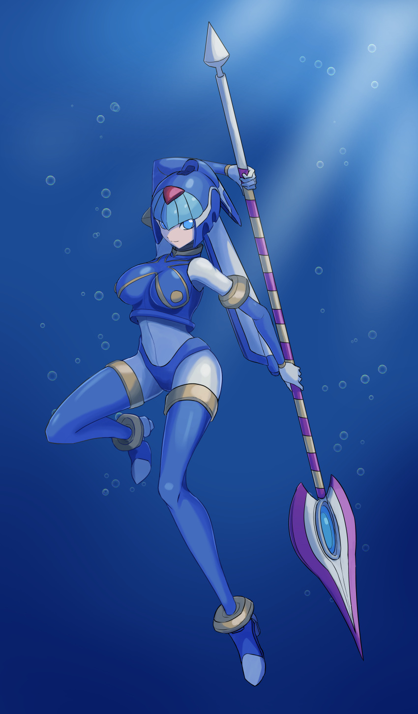 1girl absurdres android arm_up armpits blue_eyes boots breasts bubble full_body gloves helmet highres holding holding_polearm holding_weapon leg_up leviathan_(mega_man) looking_at_viewer mega_man_(series) mega_man_zero polearm robot robot_girl smile solo spear sunlight thigh_boots thighhighs underwater user_ajun2328 water weapon white_gloves