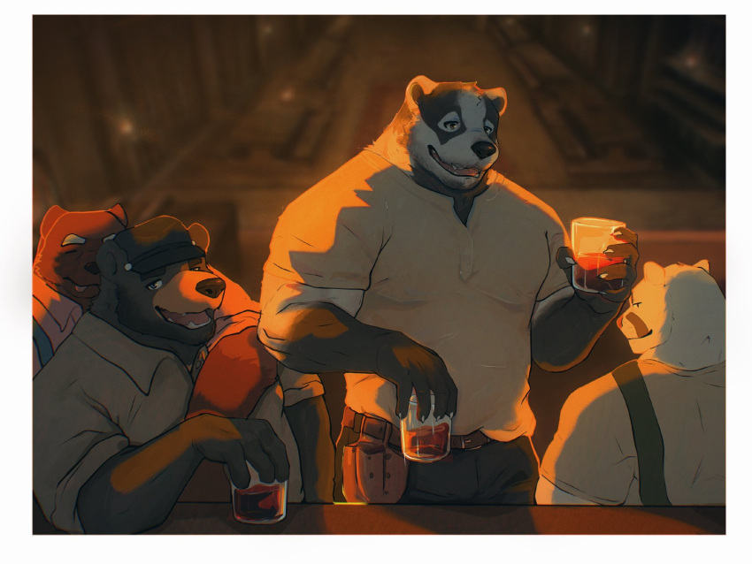 4boys alcohol animal_ears arm_on_another's_shoulder badger_boy badger_ears bara bear_boy bear_ears black_headwear closed_eyes cup dimitri_popov_(the_smoke_room) echo_project english_commentary fangs furry furry_male furry_with_furry highres holding holding_cup looking_at_another looking_at_viewer multiple_boys nikolai_krol_(the_smoke_room) nullshark open_mouth overalls paul_frackson_(the_smoke_room) samuel_ayers_(the_smoke_room) sitting smile standing the_smoke_room