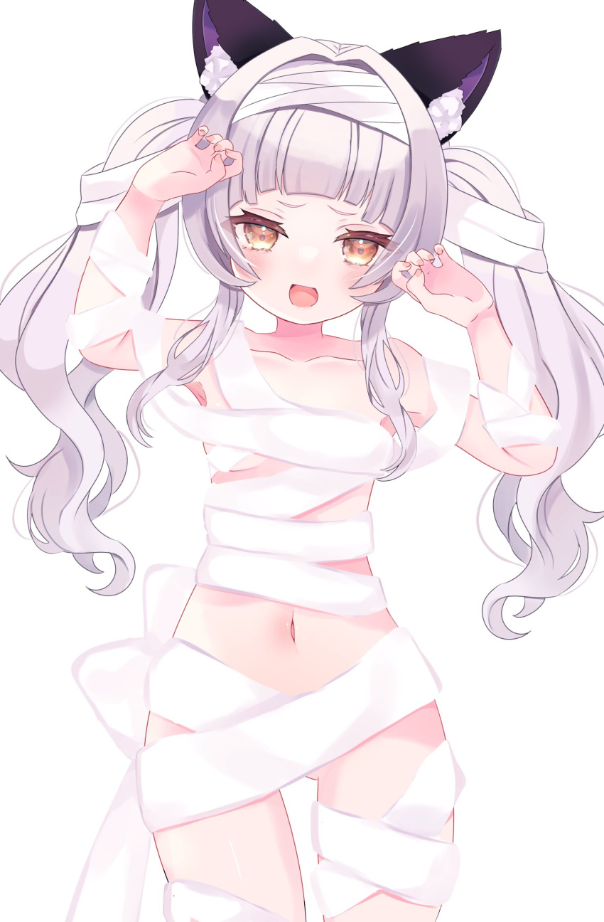 1girl alternate_costume alternate_hairstyle animal_ears blunt_bangs blush breasts collarbone commentary_request grey_hair highres hololive long_hair looking_at_viewer mummy_costume murasaki_shion navel paw_pose pochiwan1108 simple_background small_breasts solo virtual_youtuber white_background yellow_eyes