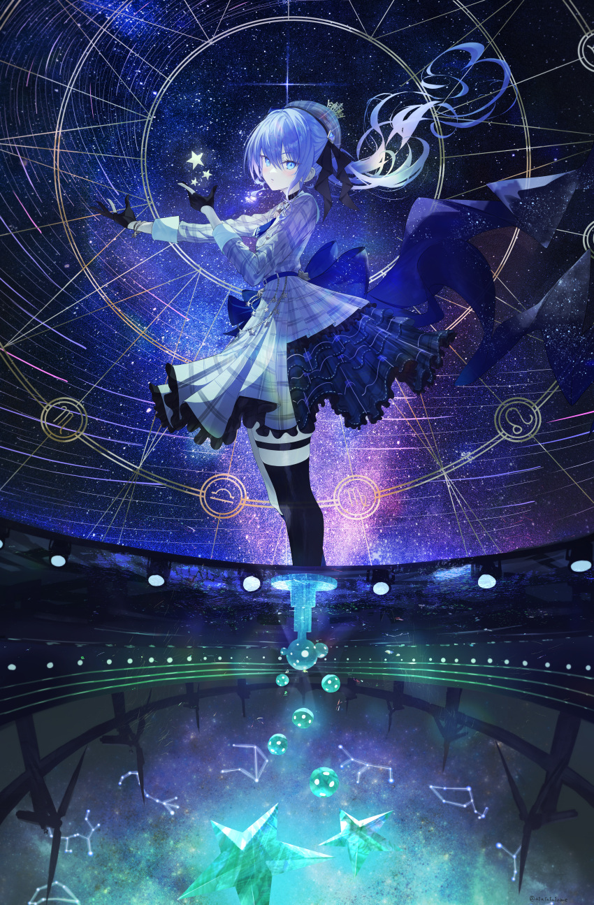 1girl absurdres ascot atatatatame01 belt beret black_gloves blue_ascot blue_belt blue_eyes blue_hair bow bracelet constellation crown dress floating_hair frilled_dress frills gloves hands_up hat highres hololive hoshimachi_suisei jewelry long_hair looking_at_viewer mini_crown partially_fingerless_gloves plaid plaid_dress plaid_headwear side_ponytail single_thighhigh sky solo star_(sky) star_(symbol) star_in_eye starry_background starry_sky symbol_in_eye thigh_strap thighhighs virtual_youtuber waist_bow