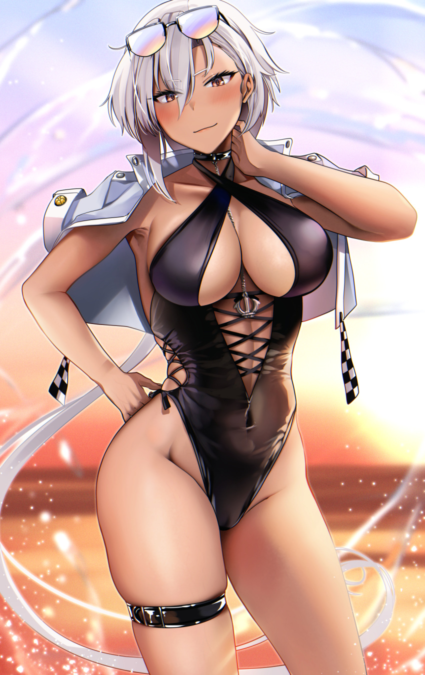 1girl alternate_costume anchor_necklace anchor_ornament black_choker black_one-piece_swimsuit breasts brown_eyes choker closed_mouth commentary_request contrapposto covered_navel cowboy_shot criss-cross_halter cropped_jacket dark-skinned_female dark_skin eyewear_on_head grey_hair groin hair_between_eyes halterneck hand_on_own_hip highleg highleg_swimsuit highres jacket jacket_on_shoulders jewelry kantai_collection large_breasts long_hair looking_at_viewer musashi_(kancolle) necklace ocean one-piece_swimsuit outdoors skindentation smile solo splashing sunglasses sunset swimsuit thigh_strap very_long_hair white_jacket yunamaro