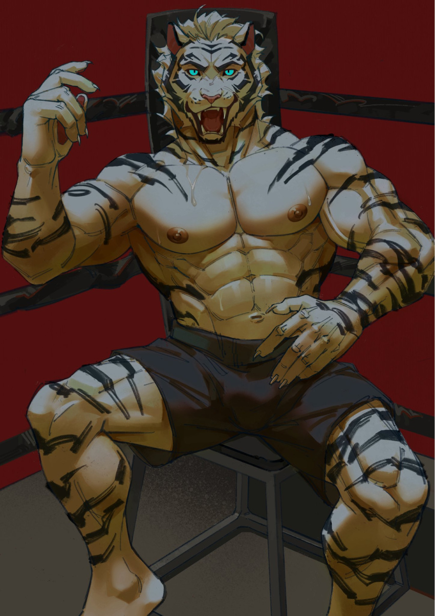 5_fingers abs anthro biceps biped bottomwear claws clothing fangs felid finger_claws fingers hair hi_res looking_at_viewer male mammal muscular muscular_anthro muscular_male navel nipples open_mouth pantherine pecs shorts shorts_only sitting teeth tiger tongue treblack14